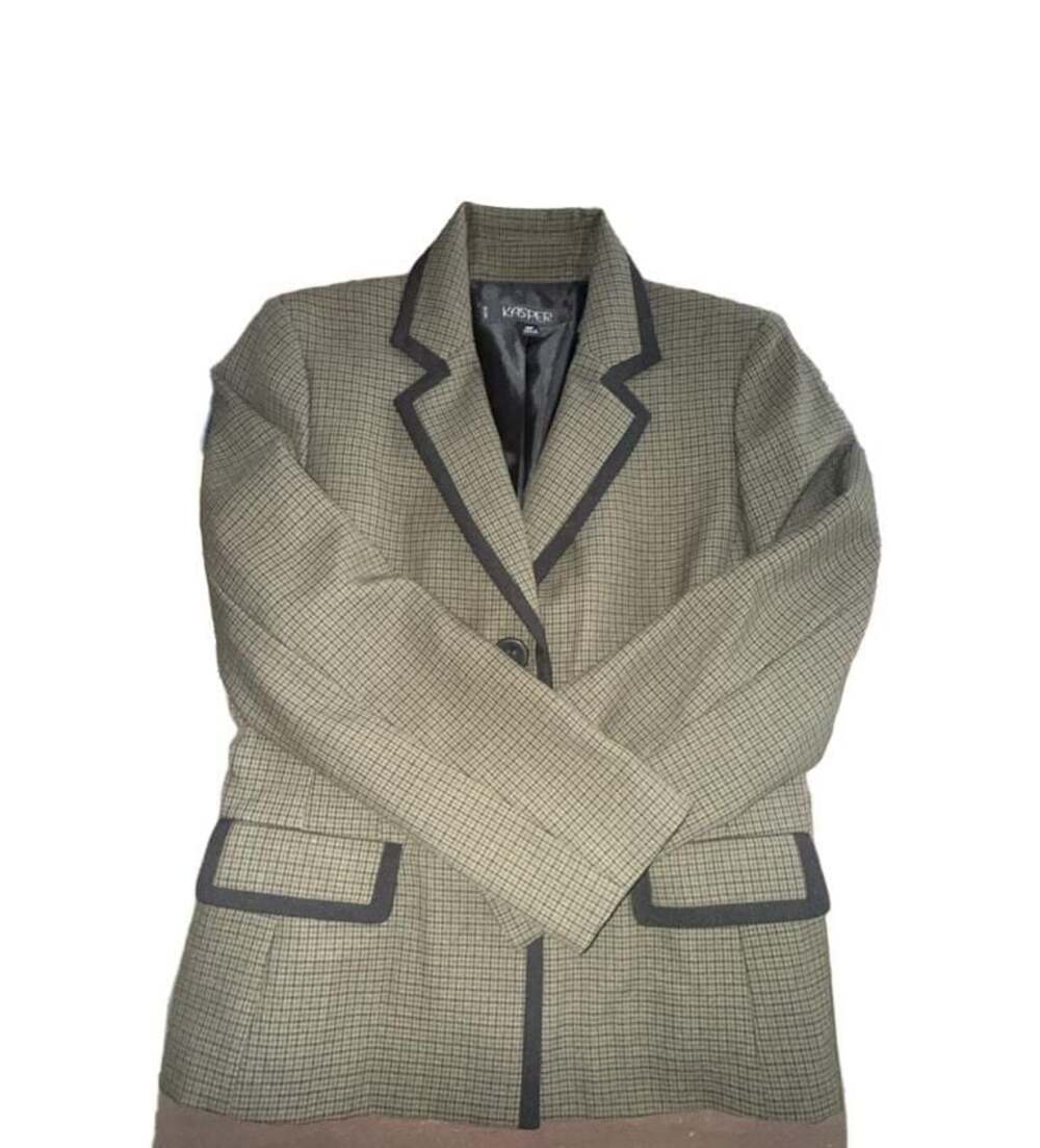 Kasper Women 8P Green Houndstooth Blazer Black Trim Notch Lapel Petite